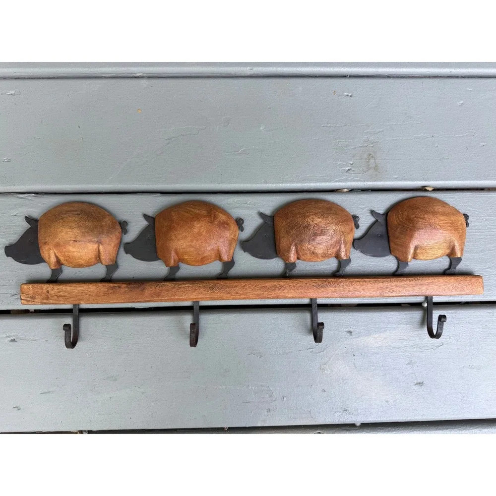 Rustic Wooden Pig Wall Hook Rack 4 Hook Farmhouse Entryway Coat Hanger 22 Inch